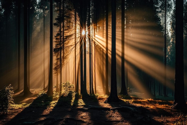 Bos bij zonsopgang met warme lichtstralen die door de bomen schijnen