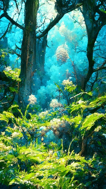 Bos blauwe gloeiende vlinders milde mist maanlicht 3D illustratie