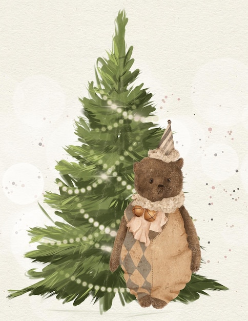 bos dier schattig zit in de buurt van de feestelijke nieuwjaarsboom, kerstkaart, uitnodiging voor kerstgedeelte