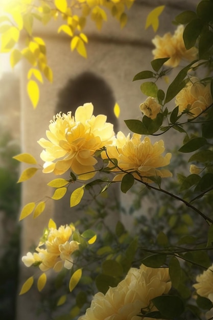 Bos gele bloemen voor een gebouw generatieve ai