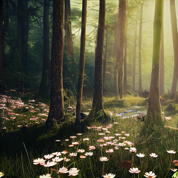 Bos gevuld met veel bomen en bloemen generatieve ai