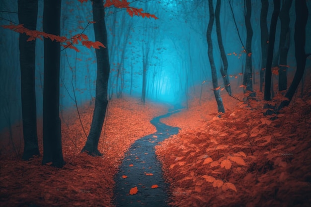 Bos in blauwe mist in de herfst Illustratie AI generatief