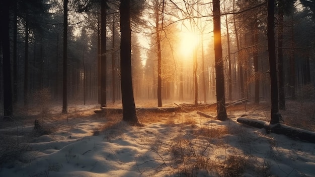 Bos in de winter met een zonsondergang Generatieve Ai
