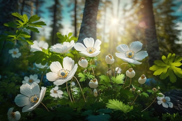 Bos lente witte bloemenDe schoonheid van de natuur Generatieve AI