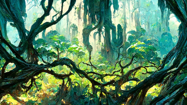 Bos Maya-stijl bomen scène 3D illustratie