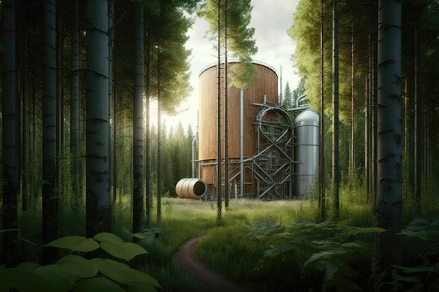 Bos met bio-energiefaciliteiten die hout en ander organisch materiaal omzetten in brandstof