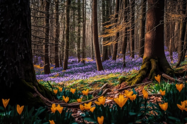 Bos met kleurrijke krokus die tussen de bomen bloeit