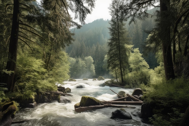 Bos met torenhoge bomen en ruisende rivier op de achtergrond gemaakt met generatieve AI