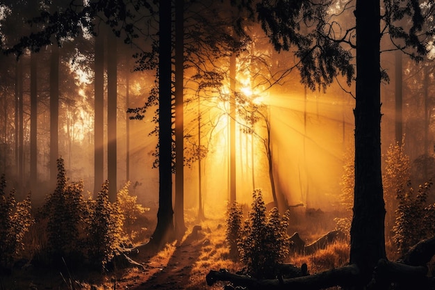 Bos met uitzicht op de zonsopgang met gouden zonlicht dat door de bomen breekt