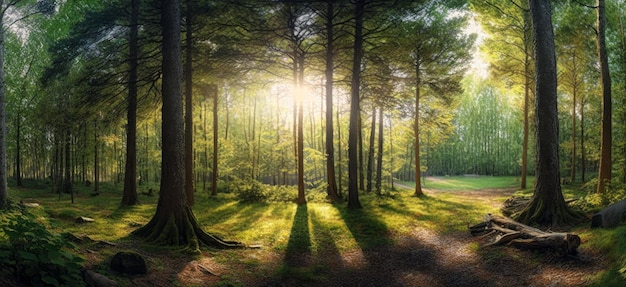 Bos met zonnestralen Bos met zonnestralen die door de bomen schijnen Generatieve AI