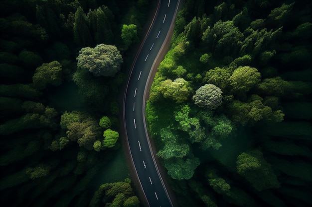 Bos smalle straatweg avontuurlijke weg door de groene bosaard lucht bovenaanzicht bos illustratie