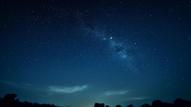 Bos tegen de nachtelijke hemel of Star Field At Night achtergrond van silhouetten van bomen generatieve AI
