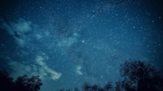 Bos tegen de nachtelijke hemel of Star Field At Night achtergrond van silhouetten van bomen generatieve AI