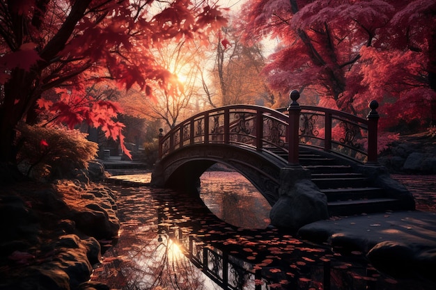Bos van een esdoorn en rode brug van gekleurde bladeren Hoge kwaliteit foto