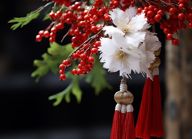 Bos van jasmijnbloemen met rode kwast die aan de boom hangt