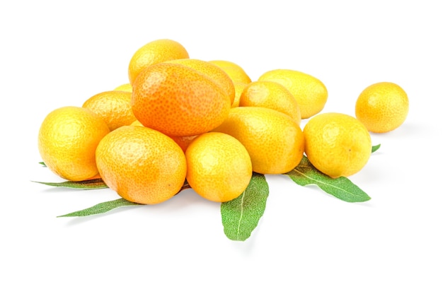 Bos van kumquat (cumquat) met bladeren die op wit knipsel worden geïsoleerd.