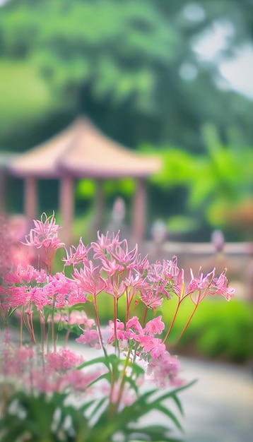 Bos van roze bloemen voor een tuinhuisje generatieve ai