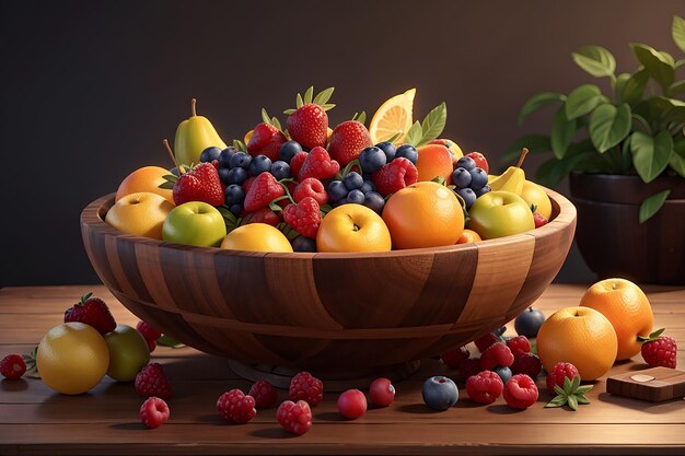 Bos van verschillende soorten fruit in grote houten kom, hoge kwaliteit foto