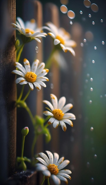 Bos van witte bloemen die bovenop een houten omheining generatieve ai zitten