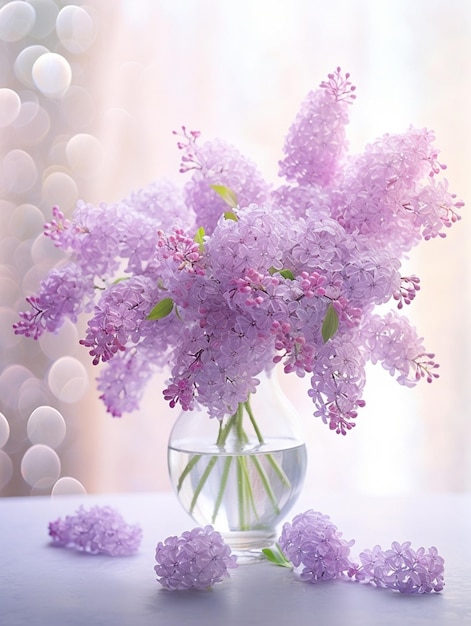 Bos witte lila in glazen vaas Boeket bloemen op lichte achtergrond Wallpaper Spring Genative AI