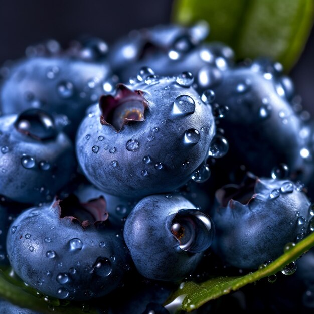 bosbessen met waterdruppels erop staan op een groen blad.