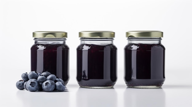 Bosbessenjam en dikke bosbessen fruitpotten op witte achtergrond met generatieve AI