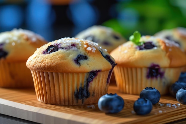 Bosbessenmuffins op een houten snijplank