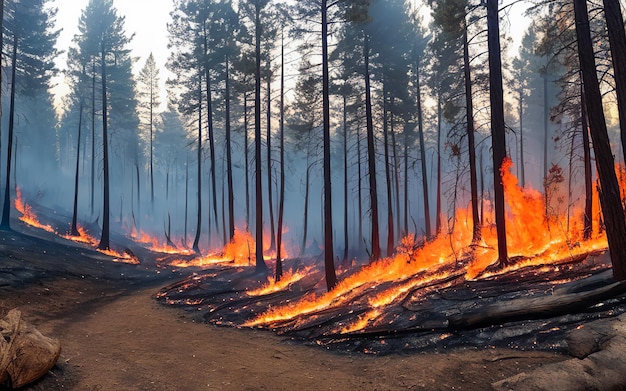 Bosbrand Hittegolf veroorzaakt bosverbranding snel en vernietigd silhouet natuurlijke calamiteit Bosbrand bosbrand met vlammen en rookwolken generatieve ai