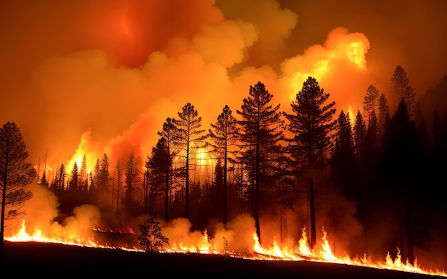 Bosbrand Hittegolf veroorzaakt bosverbranding snel en vernietigd silhouet natuurlijke calamiteit Bosbrand bosbrand met vlammen en rookwolken generatieve ai