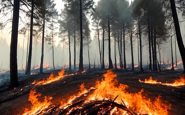 Bosbrand. Hittegolf veroorzaakt bosverbranding snel en vernietigd, silhouet, natuurramp