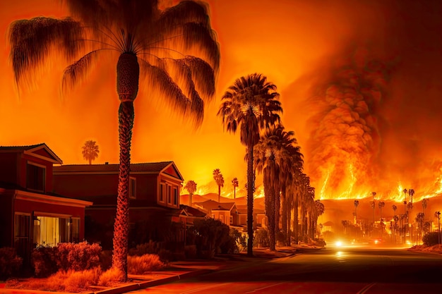 Bosbrand in Californië brandt 's nachts in de buurt van een woonwijk, gecreëerd met generatieve AI