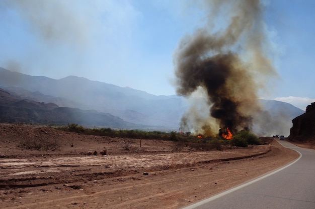Bosbrand in de droge vallei onderweg Cafayate x Salta ten noorden van het woestijnlandschap van Argentinië