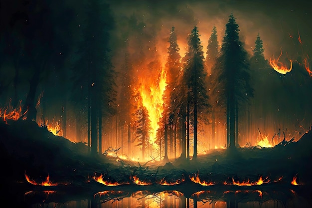 Bosbranden vlammen allemaal in rook en branden enorme verbrande gebieden gecreëerd met generatieve AI