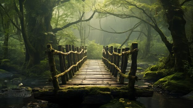 Foto bosbrug over de rivierstroom