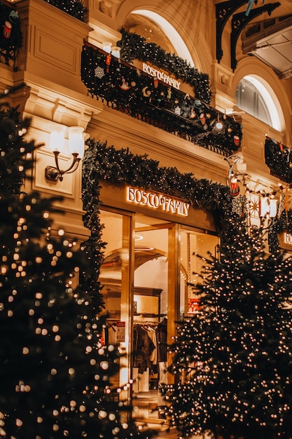 Bosco Family famous store in the GUM shopping mall decorated with shiny Christmas trees