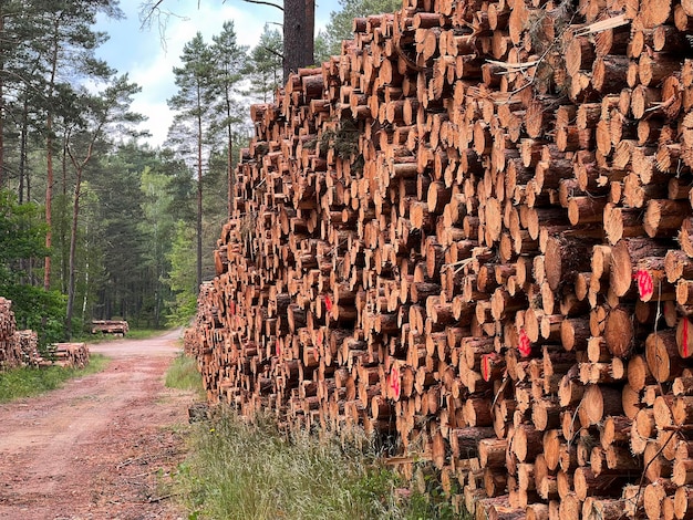 Bosdennen en sparren Boomstammen stapelen de kaphouthoutindustrie op
