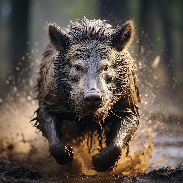 Bosfoto van aanval op wild zwijn