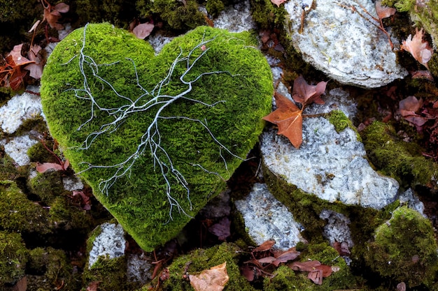 Bosgrond met hartvormig mos bovenaanzicht