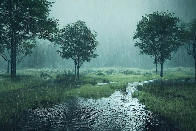 Boslandschap met bomen en gras in de regen Enorme plassen rondom