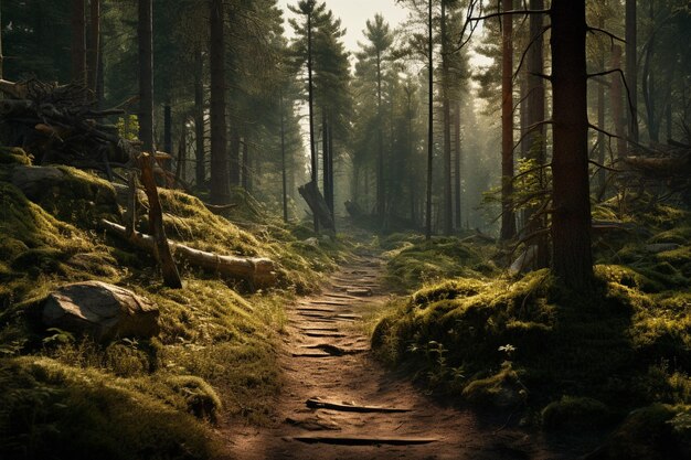 Foto boslandschap met wandelpad en veel bomen