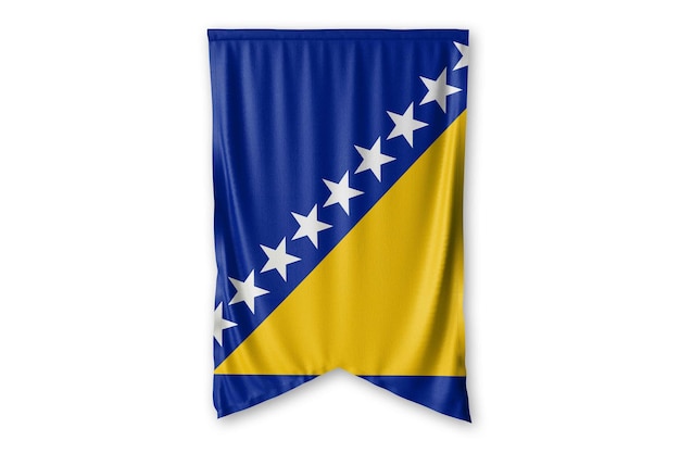 bosnia_and_herzeovian vlag hangt op een witte muur achtergrondafbeelding