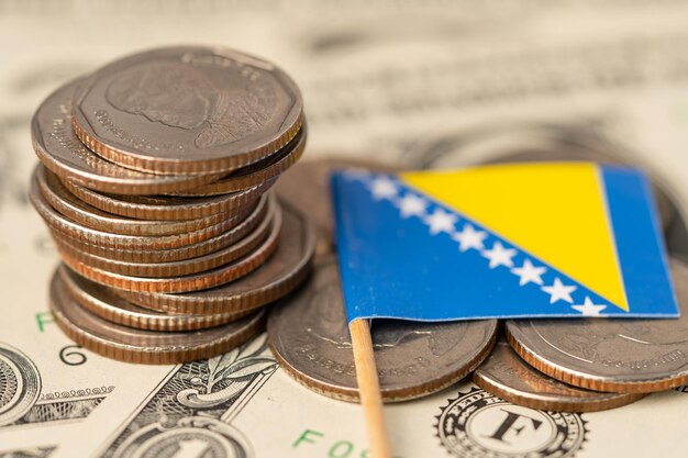 Bandiera della bosnia ed erzegovina su sfondo di monete, concetto di affari e finanza.