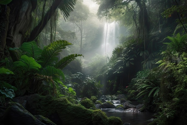 Bosoase met mistige waterval omgeven door groen