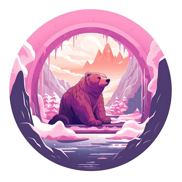 Photo bosozoku brown bear in a snowy cave with a pink sled inside oval shape flat illustration style