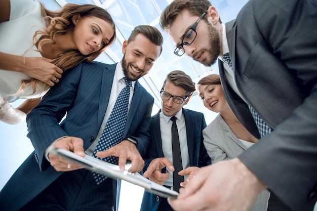 Boss and business team analyzing financial report