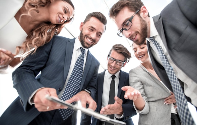 Boss and business team analyzing financial report