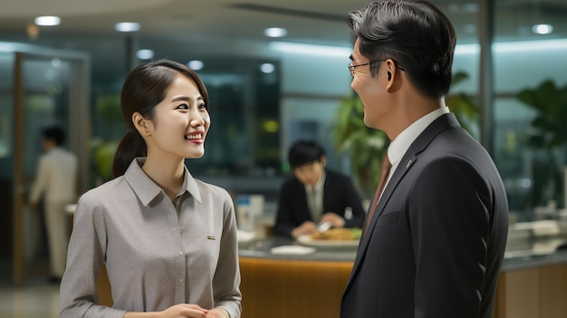 Boss discus with female staff in office room