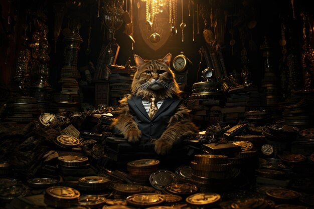 Boss Paws 魚の形をした金の延べ棒の山に囲まれたテーラード スーツを着た優しい猫として、超現実的なシーンに足を踏み入れるイラスト生成 AI