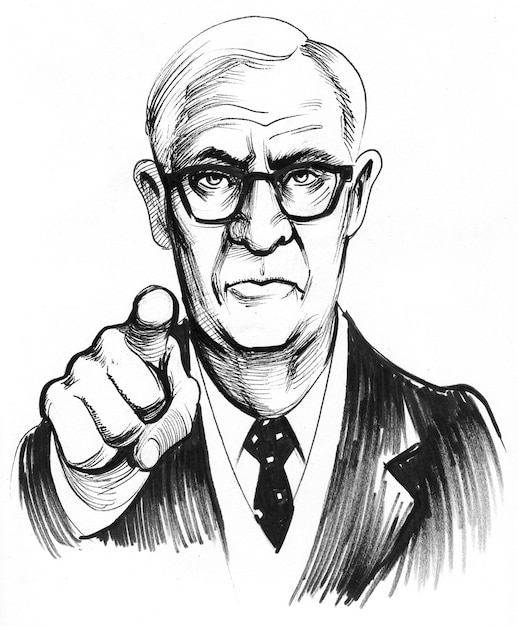 Boss pointing at you. Ink black and white drawing