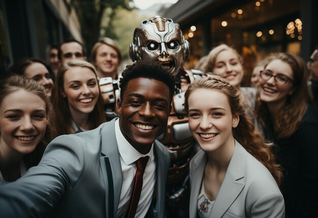 a boss taking selfie with happy reaction with his employees Robot and human friendship future ai